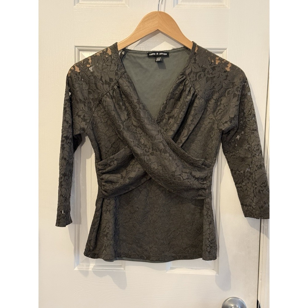 cable and gauge Lace Olive Green top Small Petite Sheer Sleeve Chic Party